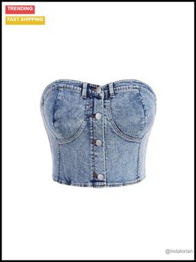 Plus Size Button Down Denim Tube Top Shirred Strapless Cropped Slim Fit